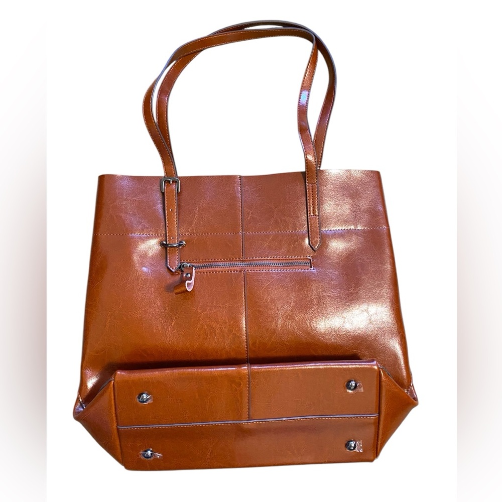 Kattee Genuine Leather Cognac Brown Tote 3 Interior Compartments Purse - Picture 2 of 4